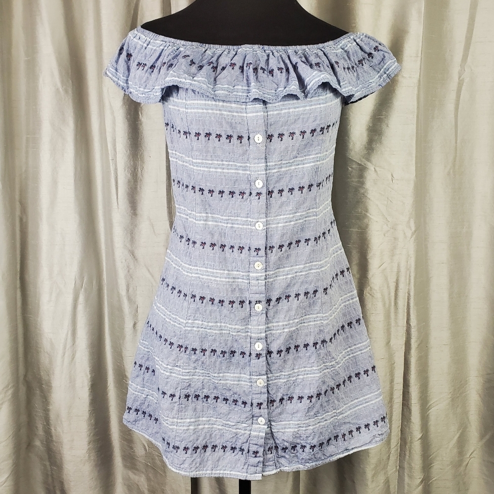 !SALE! Thread & Tonic Blue Palm Tree Dress Off Shoulder Ruffle Mini Sz M New